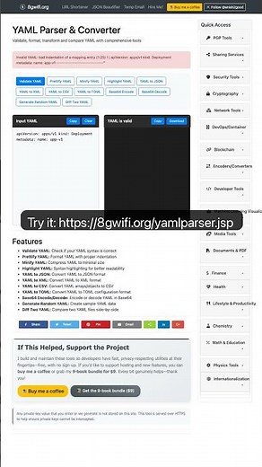 Free YAML Parser, Validator & Converter Online | YAML to JSON, XML, C… — in 30 seconds #Developers