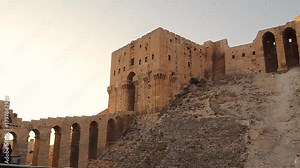 Ancient Citadel of Aleppo in Syria, one of the oldest castles in the world. A UNESCO World Heritage Site with layers of history from ancient civilizations to Islamic medieval architecture.