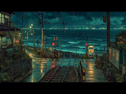 Cozy Sea Railway 🌧️ Passing Train Every 15 Min & Rainy Ocean Lofi for Deep Study & Sleep