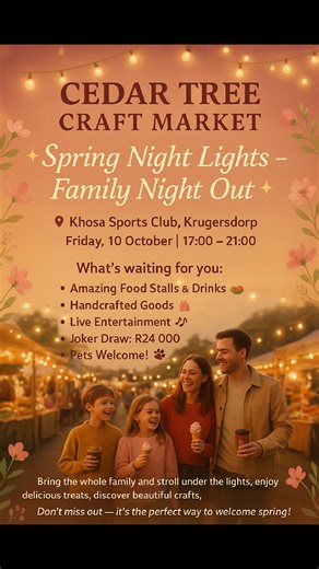 🌸✨ Cedar Tree Craft Market – Spring Night Lights: Family Night Out ✨🌸 📅 Friday, 10 October 🕔 17:00 – 21:00 📍 Khosa Sports Club, Krugersdorp Bring the whole family and come stroll under the fairy lights! 🌙💫 Enjoy: 🍔 Amazing Food & Drinks 🛍️ Handcrafted Goods 🎶 Live Entertainment 🐾 Pets Welcome! 💸 Don’t miss the JOKER DRAW – R24 000 up for grabs! 💸 Your chance to WIN big while enjoying a magical night out! 🎉 ✨ Mark your calendars, invite your friends, and join us for the perfect way 