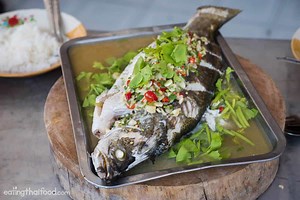 Thai Steamed Fish with Lime and Garlic ปลากะพงนึ่งมะนาว