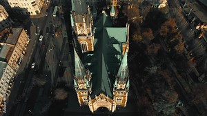 drone aerial view over dome, crosses and spires of Church of St. Olga and Elizabeth old Catholic Cathedral in historical center Lviv city, Ukraine. landmarks and architecture of ancient european town