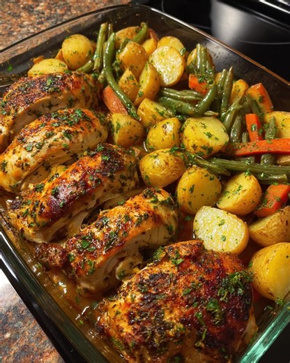 🍽️ Oven-Baked Chicken Breast with Roasted Veggies & Herbs 🥔🌿 Preparation Time: 20 mins Cooking Time: 40 mins Yield: 4 servings Calories: ~420 per portion 🛒 What You’ll Need: 4 boneless chicken breasts 🍗 600g baby potatoes, cut in half 🥔 2 carrots, cut into thick sticks 🥕 200g green beans, ends trimmed 🌱 3 tbsp olive oil 🫒 2 tsp smoked paprika 1 tsp garlic powder 🧄 1 tsp onion powder 1 tsp dried thyme 🌿 1 tsp dried oregano 1 tsp salt 🧂 ½ tsp ground black pepper Juice of half a lemon �