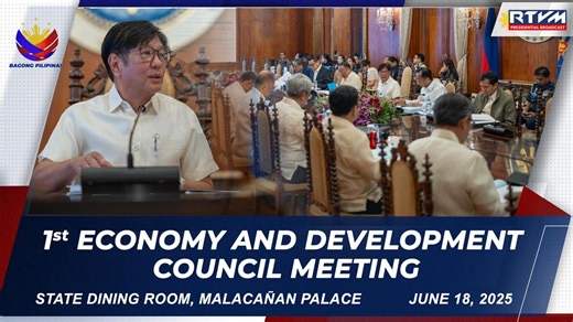 President Ferdinand R. Marcos Jr., together with his Cabinet Secretaries, presides over the first Economy and Development Council (EDC) meeting at the State Dining Room in Malacañan Palace on June 18, 2025. During the meeting, the President approves a ten (10)-year extension of the water concession agreements with Maynilad and Manila Water, ensuring a continuous supply of clean water in Metro Manila and neighboring provinces. He also approves two (2) major infrastructure projects: the PhP27.7 bi