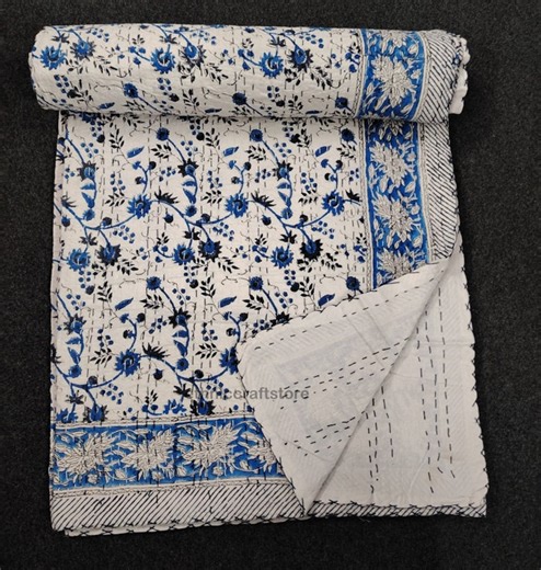 Indian Kantha Blue Floral Throw Bed Cover Quilt - Etsy