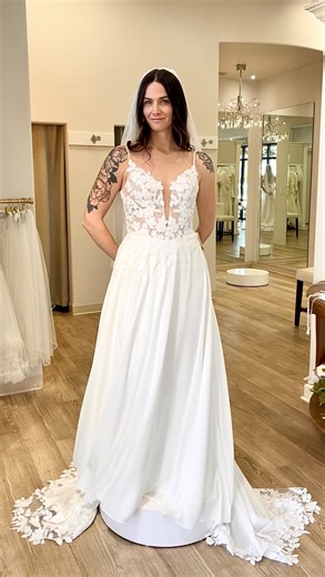 For the romantic bride who adores the elegance of chiffon. ✨ Both gowns feature soft, airy chiffon skirts that move like a dream. 😍 One with straps, a structured bodice, enhanced boning, and a baby Basque waistline that sculpts beautifully before flowing into a shaped lace illusion train. The other, a strapless square neckline and lace bodice, finished with a lace inset that trails down the train. Which one is your favorite? Dress 1: @madilanebridal Dress 2: @bylillianwest | Margene's Bridal