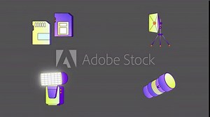 Camera Filming Icons is a motion graphics pack featuring 8 animated icons, each representing essential filming gadgets such as cameras, lenses, and projectors. 4K Resolution and alpha channel