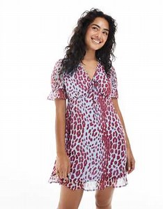 Wednesday's Girl leopard print v-neck mini dress in blue and burgundy | ASOS