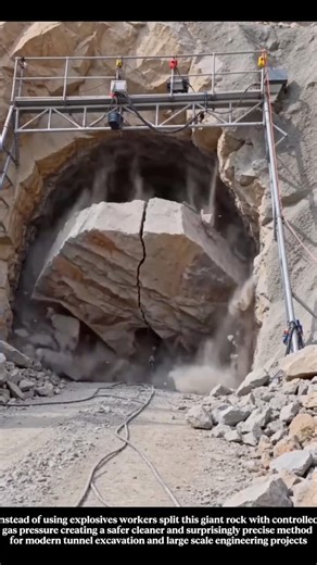 Massive mountain rocks split apart using advanced gas expansion engineering technology