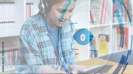 Child tapping tablet and donning headphones for learning, causing HUD eye to grow over bookshelf