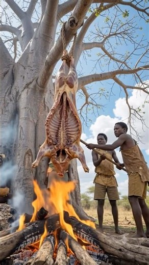 Hadzabe tribe bushmen roasting huge bush meat making delicious BBQ in wild