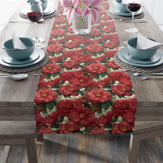 Floral Table Runner Red Camellia Botanical | Cottage Core Spring Easter Tablescape | Hostess Gift 14×72 - Etsy