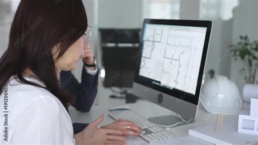 Architects collaborating on building plans using computer aided design software and architectural models. Business and architecture concept