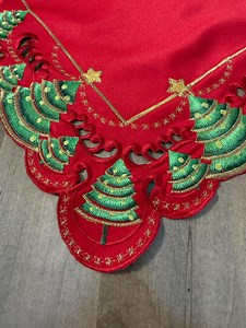 Christmas Tree Embroidered Red Table Linens — Square Topper & Runners - Etsy