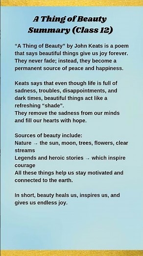 A Thing of Beauty easy Summary | Class 12 & BA 1st Year | 100% Exam-Ready Explanation #shortsfeed