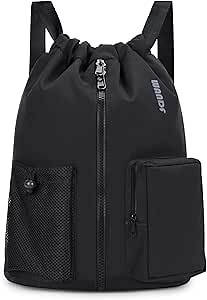 WANDF Drawstring Backpack Sports Gym Bag with Shoes Compartment, Water-Resistant String Beach Sackpack Swim Bag for Women and Men (Black)