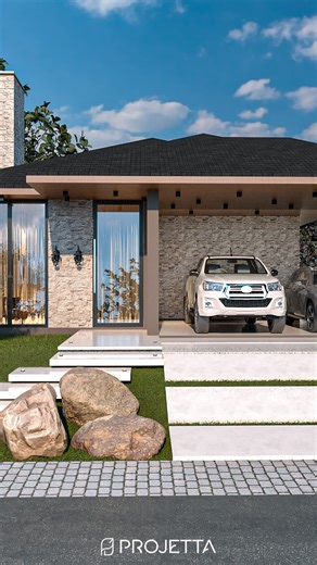 Projetta | Arquitetura & Engenharia on Instagram: "Apresentamos um projeto arquitetônico atemporal que une conforto, funcionalidade e elegância! Esta casa térrea de 170m² foi planejada com uma divisão inteligente: de um lado, a integração perfeita entre sala, cozinha gourmet e lavanderia; do outro, três quartos, incluindo uma suíte master com closet, além de um espaço aconchegante para hóspedes.🏡✨ A fachada impressiona com telhado aparente em telha shingle cinza chumbo, forro de madeira, revest