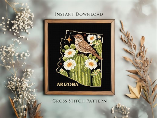 Arizona Cross Stitch Pattern PDF | Saguaro Cactus Blossom & Cactus Wren | USA State | Instant Download - Etsy