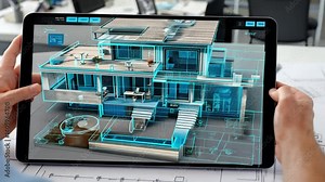 Architectural Blueprint Visualization: An architectural rendering of a modern house unfolds on a digital tablet, showcasing the future of design and innovation.