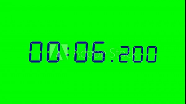 7 digits navy blue digital countdown timer starting at 00:15:00 (15 seconds) on green screen, featuring crisp seven-segment numerals with minutes, seconds, and milliseconds displayed prominently.