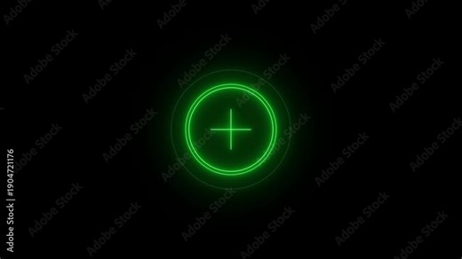 Glowing green plus sign symbol inside double circular frame on black background
