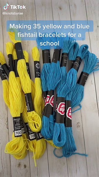 35 yellow and blue fishtail bracelets #friendshipbracelets #fyp #smallbusinesstiktok #smalljewelrybusiness #braceletmaking #stringbracelets #canadiansmallbusiness #yellowandblue