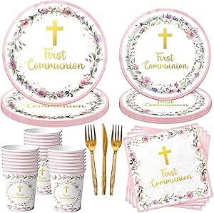 First Communion Decorations, 150Pcs Pink First Communion Plates and Napkins, God Bless Baptism Birthday Supplies Paper Tableware for Girls Christening Celebration Baby Shower Party, Serves 25