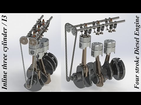 DOHC Inline three cylinder / i3 four stroke diesel engine animation using Solidworks & Photoview360