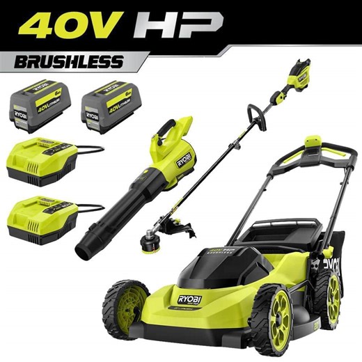Check The Home Depot's Q&A Before Buying: RYOBI 40V HP Brushless 20 in. Cordless Battery Walk Behind Push Mower, Blower & String Trimmer w/ (2) Batteries & (2) Chargers