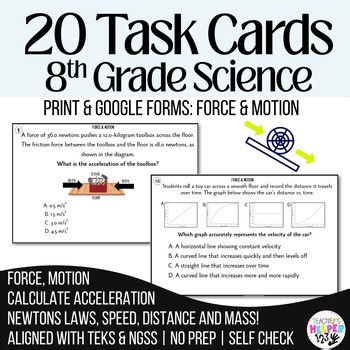 8th Grade Science 20 Review Task Cards | Force, Motion, Acceleration, Speed