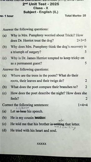 HSLC board for class 10/2nd Unit test/Question paper for English (IL)