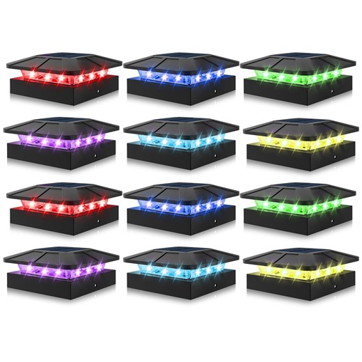 12 Pack 4x4 Solar Post Cap Lights RGB Color Changing, Waterproof LED Fence Light for Deck Yard Patio Garden Black, Outdoor Solar Deck Lights Waterproof
