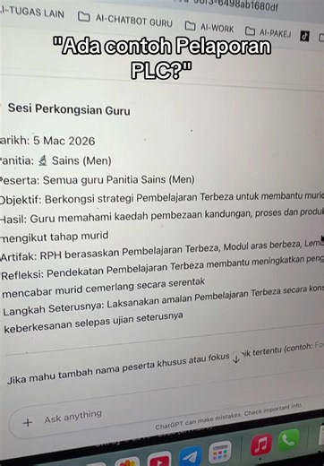 Dapatkan contoh pelaporan PLC guna custom Ai. 1. Tekan link Ai-PLC. 2. Tekan JANA LAPORAN PLC. 3. Berikan maklumat yg diminta. 4. Siap dan semak!. #mudahmengajar #coachherry #jommahir #aichatbotguru