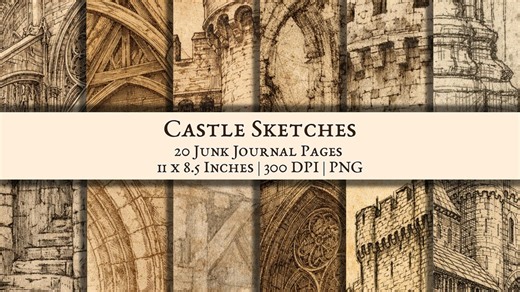 Medieval Castle Sketch Digital Paper Pack, Gothic Cathedral Architecture Junk Journal Pages, Antique Parchment Printable, Fantasy Wallpaper - Etsy