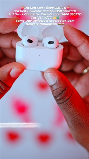 🍎3rd Gen Sale!! $3̶0̶0̶ 250TTD🍎 3rd Gen Silicone Combo $3̶5̶0̶ $300TTD 3rd Gen Character Case Combo $4̶0̶0̶ 350TTD Cash/Linx/CC 💳💲 Same Day Delivery if ordered B4 9am Delivery Nationwide🚕🚕 ♦️Mobile phone pop-up window (iOS only) ♦️Can be found on "Find My" app ♦️Up to 6 hours of Battery Life on a single charge ♦️Touch control: Pause/Toggle song ♦️Water resistant (Sweat/ Rain Proof) Headphones & case ♦️Wireless charging (MagSafe)/ with cable provided in box Included in Packaging: * 3rd Gen 