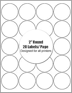 Round Labels, 2 inches in Diameter, for Inkjet and Laser Printers, 20 Labels per Sheet (500 Labels = 25 Sheets).