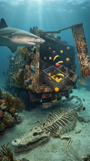Shark GoPro POV Finds Rusty Truck Under the Ocean… With Fruit & a Crocodile Skeleton