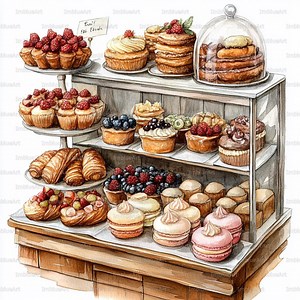 24 Bakery Window Clipart, Pastry Showcase, Watercolor Printable JPG, High Quality 300 DPI, Scrapbook, Junk Journal - Etsy