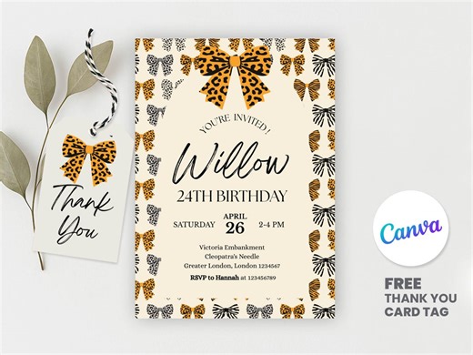 Leopard Bow Birthday Invitation, Editable Safari Party Invite (canva Template) - Etsy