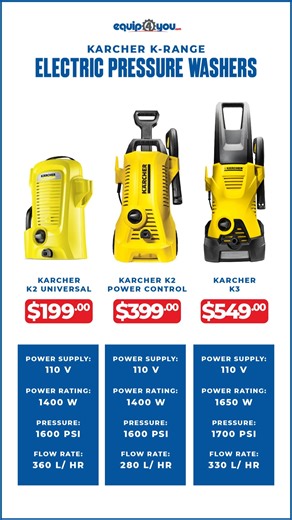 Karcher K-Series Pressure Washers turn filthy walkways into fresh, like-new surfaces with nothing but water. Engineered for performance the K-Series delivers targeted efficient cleaning that saves you time and effort. From moss-covered concrete to stubborn dirt, it’s your go-to for outdoor revival, but it doesn’t stop at walkways. Karcher’s K-Range offers models for every task that are compact, easy-to-store and made for serious cleaning. Starting from $199. Shop online at Equip4You.com, get you