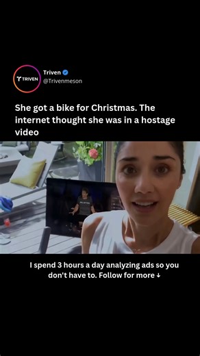 Triven Meson ™ | AI For Business on Instagram: "The ad that wiped $1.5 billion off Peloton's market value in a single day. I found the original Peloton "The Gift That Gives Back" commercial (2019). It seems innocent enough on paper, but the execution was... unsettling. The Gift: A husband surprises his wife (Monica Ruiz) with a Peloton bike for Christmas. The Reaction: She gasps. But not a happy gasp. A "Oh god, I have to do this now" gasp. The Vlog: For a year, she records herself riding the bi