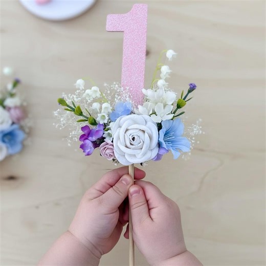 Floral Cake Topper: Pastel Florals With Glitter Pink Number One - Etsy