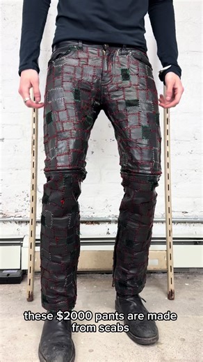 AW13 Blackmeans ‘Scab’ Leather Patchwork Crust Pants 🩹👩‍🎤 Debuting in the Autumn of 2013, these pants come in a full leather exterior, comprised entirely of patches or ‘scabs’. Traditionally known in the punk scene as crust jeans, their name originates from youth who would devote themselves to never washing their pants, repairing holes and distressing with cheap patches by hand, and hopefully, growing a visible crust on the denim purely from use. In great condition, fitting a size 31x30.5. 20