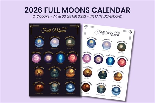 Printable 2026 Full Moons Calendar | Lunar Phases Wall Art - Etsy UK