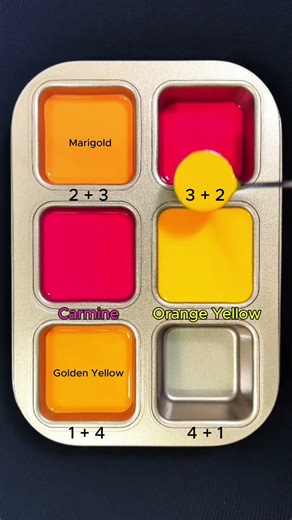 Create 4 colors from 2 colors: Carmine + Orange Yellow #asmr #mix #colormixing #colors #mixing