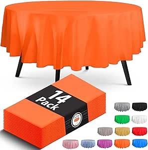 Premium Round Orange Plastic Tablecloth - 84 x 84 in. Disposable Plastic Table Cloth - Smooth Decorative Table Cover - For Parties, Weddings
