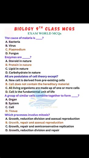 22K views · 375 reactions | Biology 9th class Solved Mcqs. #science #biology #BiologyMCQs #biologystudents #bioquiz #biologyteacher #studyabroad #study #education #biologia #MCQs #studyinuk #worldstudy #viralvideoシ #viralreelsシ #viralreels #viralreelschallenge #highlights #share #SPSC #PPSC #exams #learning | EXAM WORLD MCQS CSS,PMs,SPSC | Facebook