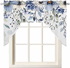 Kitchen Curtains Sets 36 Inch Length with Valance, Eucalyptus Leaves Blue Flowers Tulips Swag Valances for Windows and Tiers Curtain Set, Light Filtering Rod Pocket Drapes for Living Room, Cafes