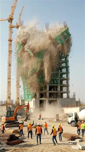 Building demolition sequence shows controlled collapse dynamic action. #buildingcollapse #crane