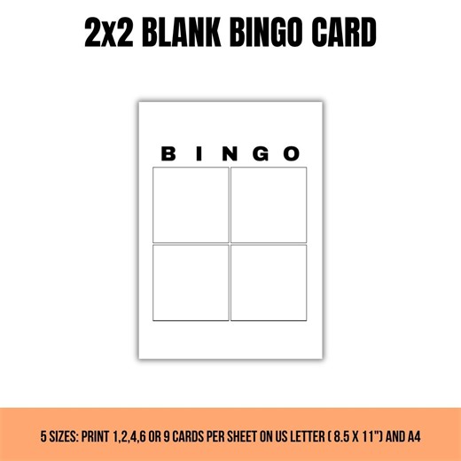 2x2 Blank Bingo Card Printable | A4 & US Letter | Instant Download | DIY Bingo Template - Etsy